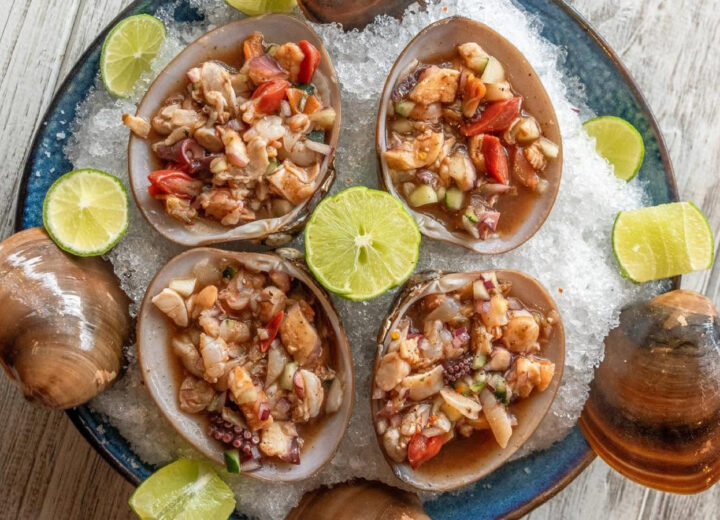 Almeja chocolata y callo de hacha frescos servidos frente al mar en Loreto